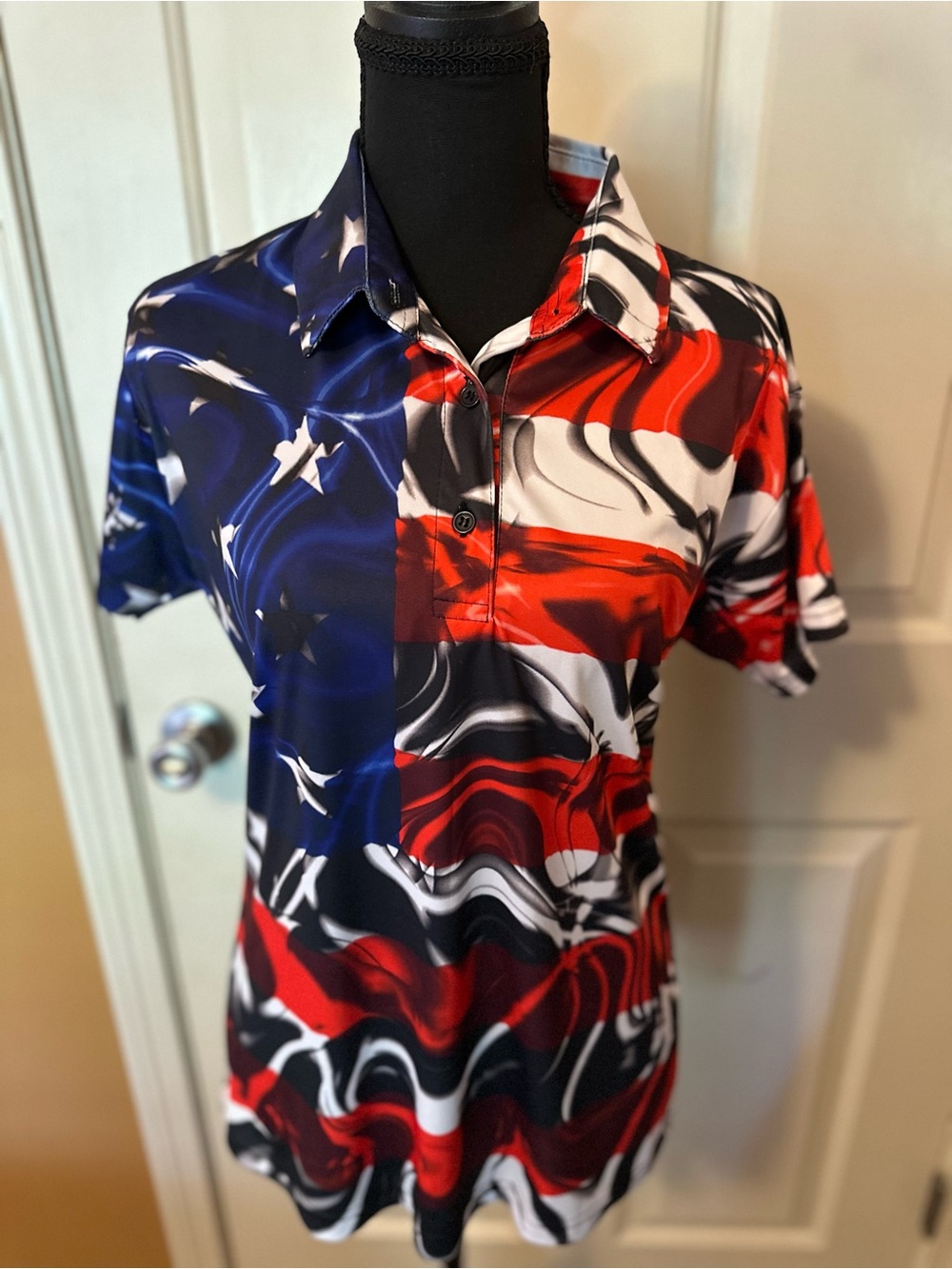 PLG Woman’s Red, White & Blue Swirl Flag-Influenced Polo Style Golf Shirt